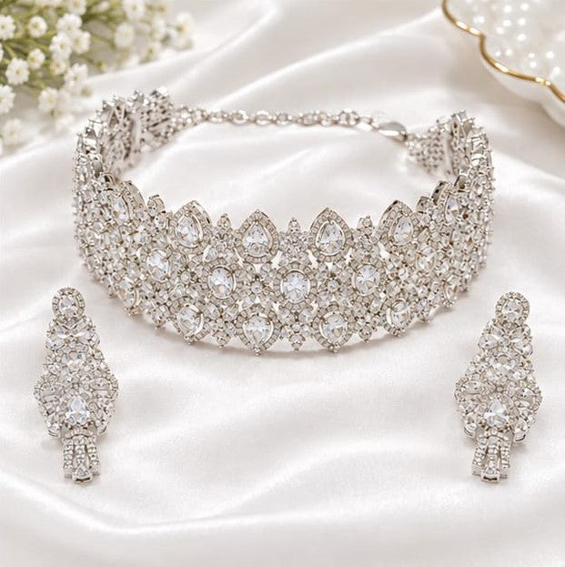 Silver Tone Crystal Bridal Necklace and Earrings Set | Elegant CZ Wedding Jewelry