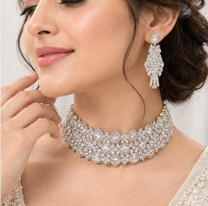 Silver Tone Crystal Bridal Necklace and Earrings Set | Elegant CZ Wedding Jewelry