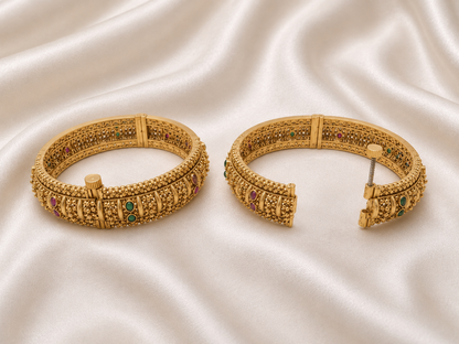 Antique Gold Finish Designer Bangle Set with Green & Ruby Stones