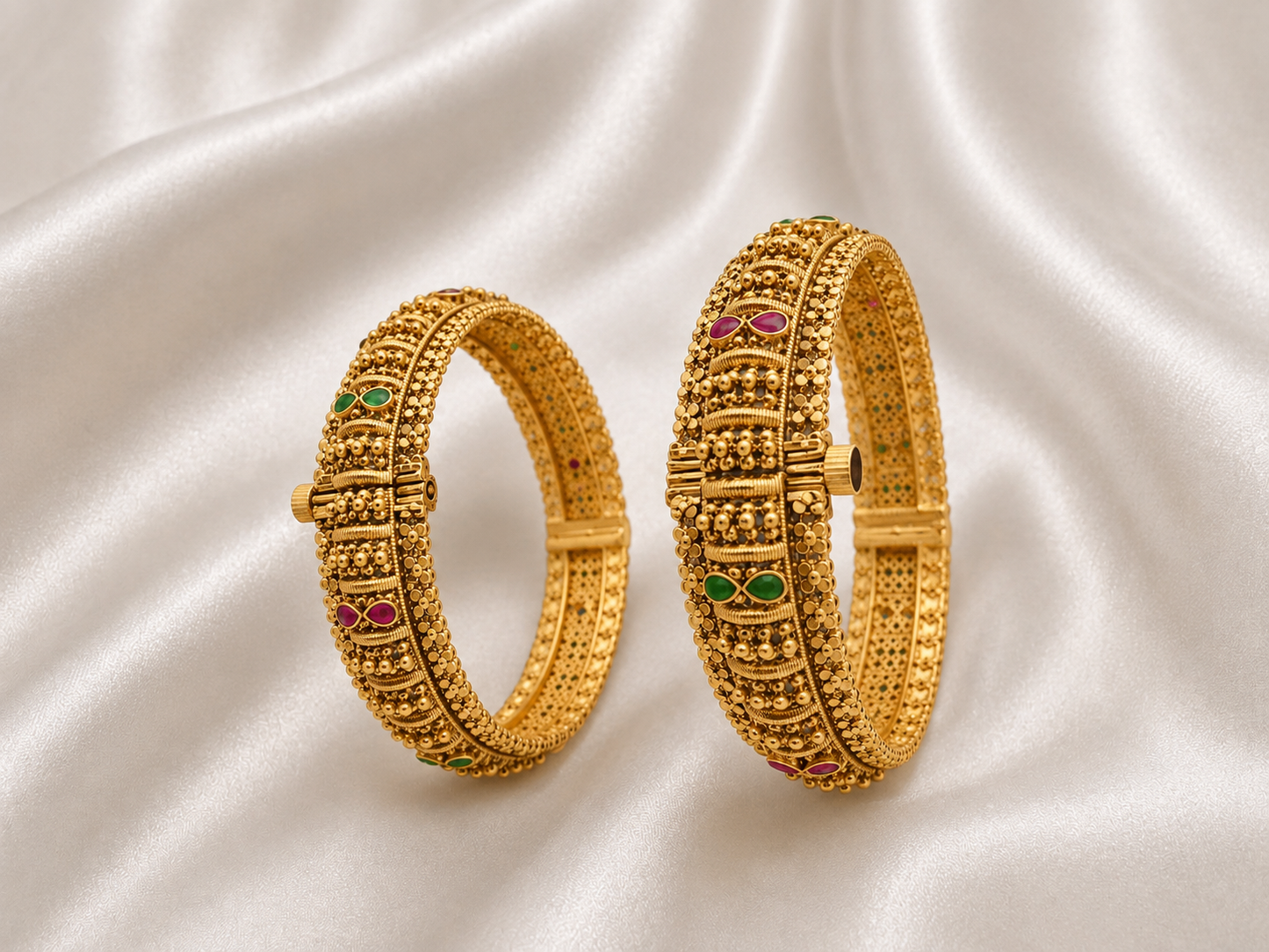 Antique Gold Finish Designer Bangle Set with Green & Ruby Stones