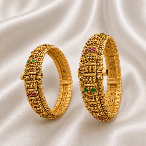 Antique Gold Finish Designer Bangle Set with Green & Ruby Stones