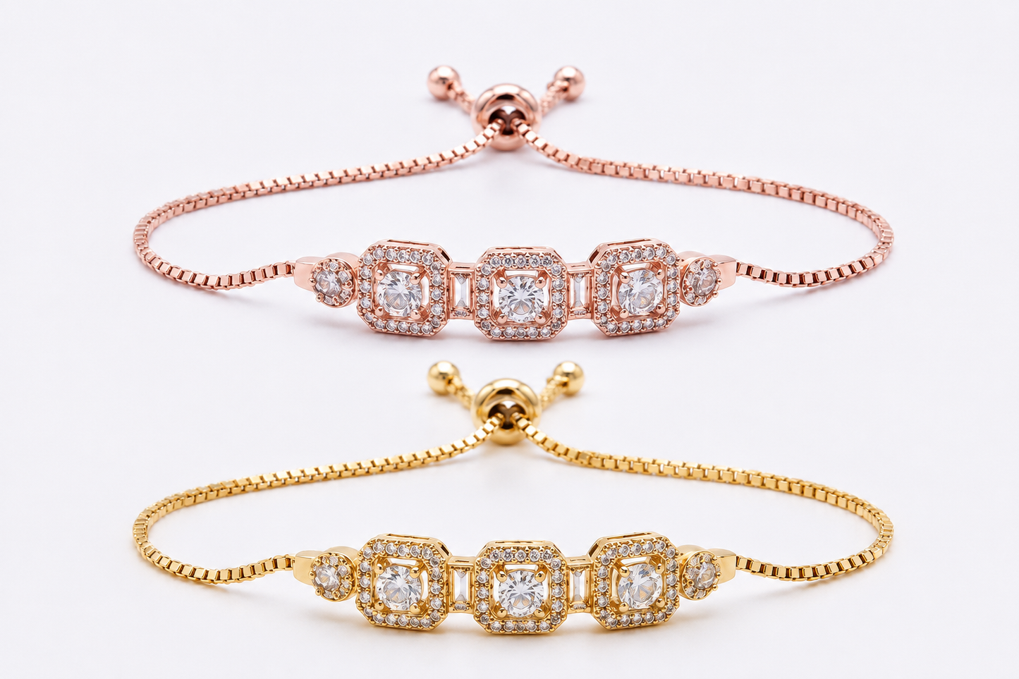 Adjustable Triple Halo Zircon Bracelet for Women | 💗 Rose Gold  💛 Gold Slider Chain Bracelet | Elegant Crystal Jewelry