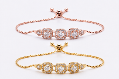 Adjustable Triple Halo Zircon Bracelet for Women | 💗 Rose Gold  💛 Gold Slider Chain Bracelet | Elegant Crystal Jewelry