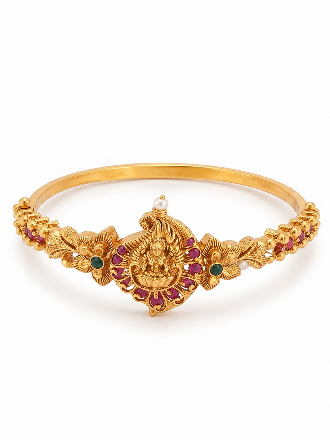 22K Antique Kada Bracelet Gold Plated Goddess Lakshmi Temple Bangle | Traditional Antique Finish Bracelet | Ruby & Green Stone Ethnic Jewelry