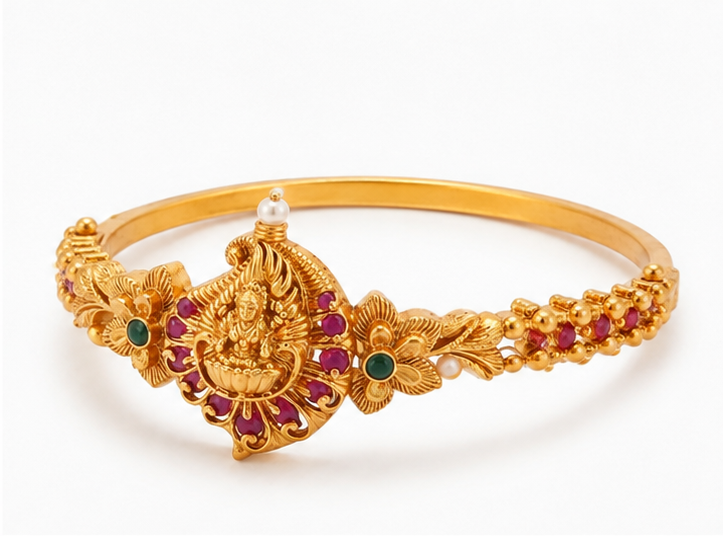 22K Antique Kada Bracelet Gold Plated Goddess Lakshmi Temple Bangle | Traditional Antique Finish Bracelet | Ruby & Green Stone Ethnic Jewelry