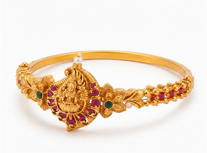 22K Antique Kada Bracelet Gold Plated Goddess Lakshmi Temple Bangle | Traditional Antique Finish Bracelet | Ruby & Green Stone Ethnic Jewelry