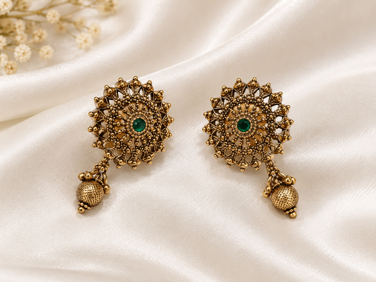 Antique Gold Floral Mandala Stud Earrings with Drops
