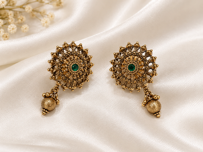 Antique Gold Floral Mandala Stud Earrings with Drops