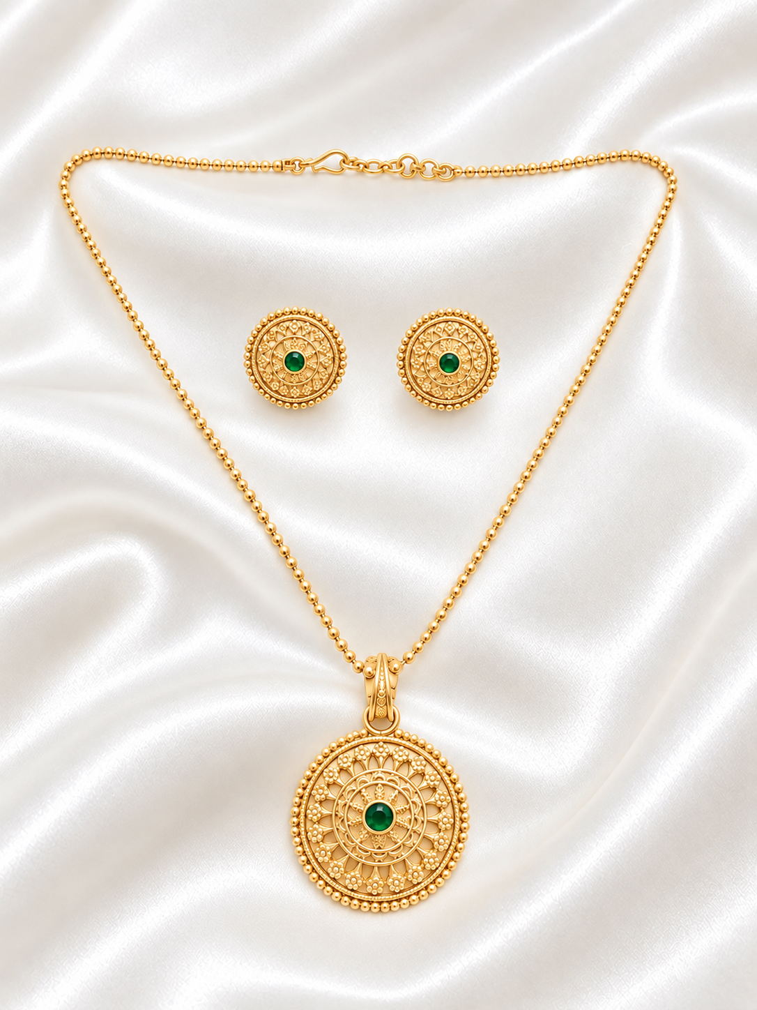 Antique Style Gold Sunburst Pendant Set with Matching Stud Earrings