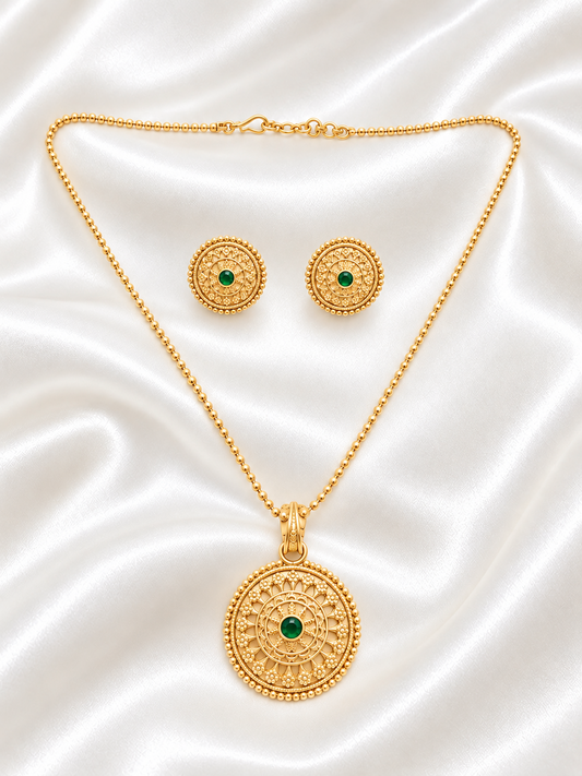 Antique Style Gold Sunburst Pendant Set with Matching Stud Earrings