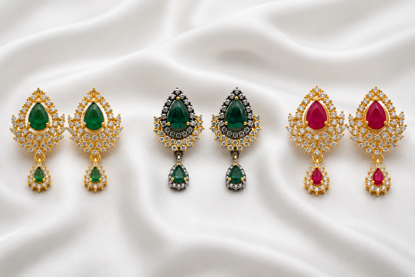 Premium CZ Teardrop Dangle Earrings – Emerald, Ruby Pink & Victorian  Collection