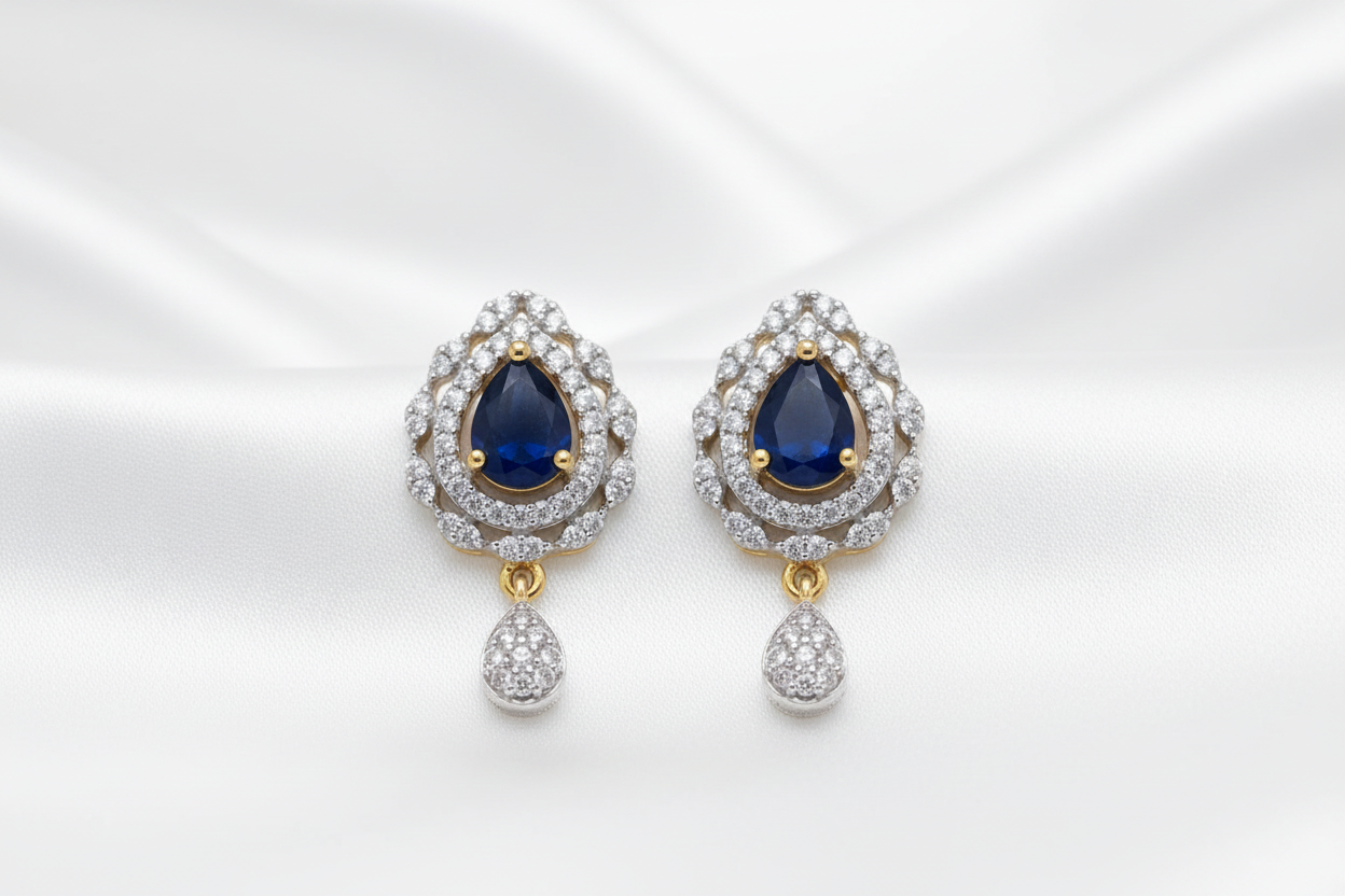 Gold Plated Elegant Teardrop CZ Drop Earrings – Pink, Blue & Green Stone CZ Stone Cluster Hanging Earrings