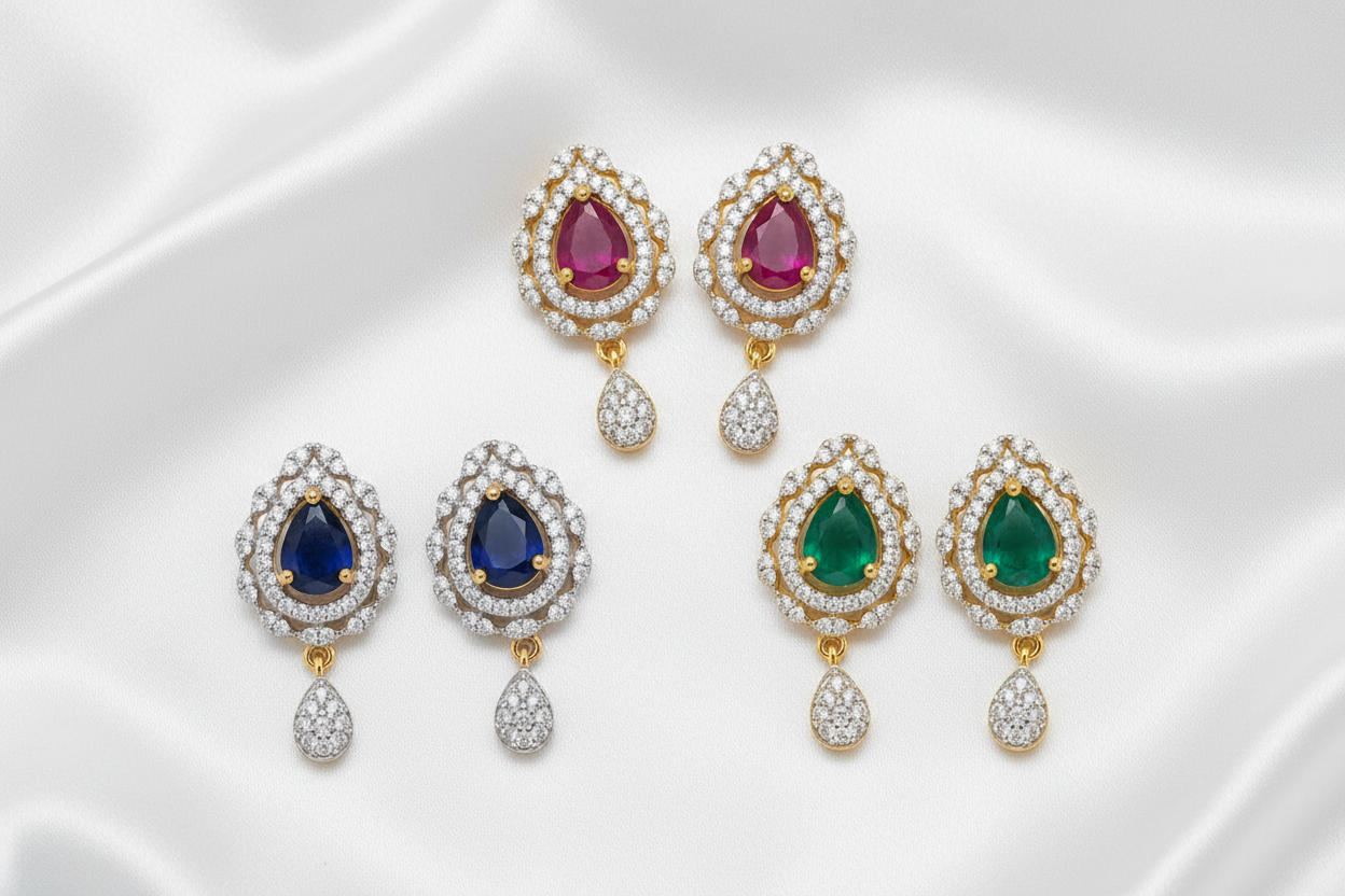 Gold Plated Elegant Teardrop CZ Drop Earrings – Pink, Blue & Green Stone CZ Stone Cluster Hanging Earrings
