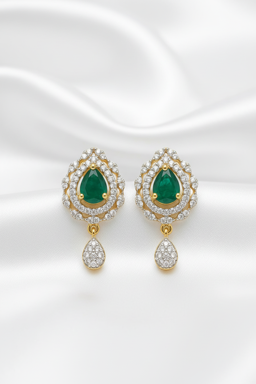 Gold Plated Elegant Teardrop CZ Drop Earrings – Pink, Blue & Green Stone CZ Stone Cluster Hanging Earrings