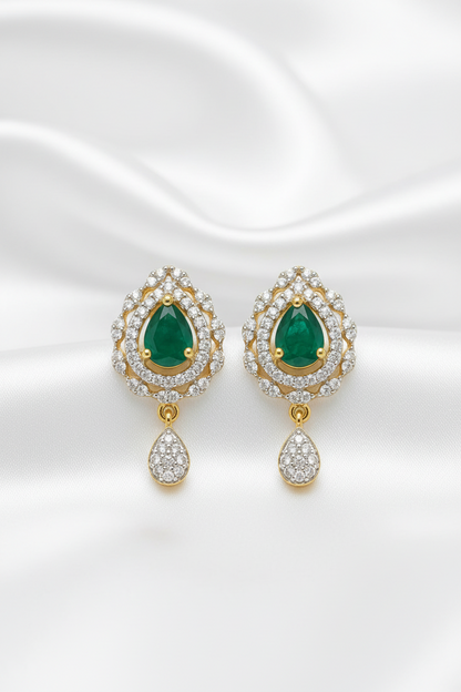 Gold Plated Elegant Teardrop CZ Drop Earrings – Pink, Blue & Green Stone CZ Stone Cluster Hanging Earrings