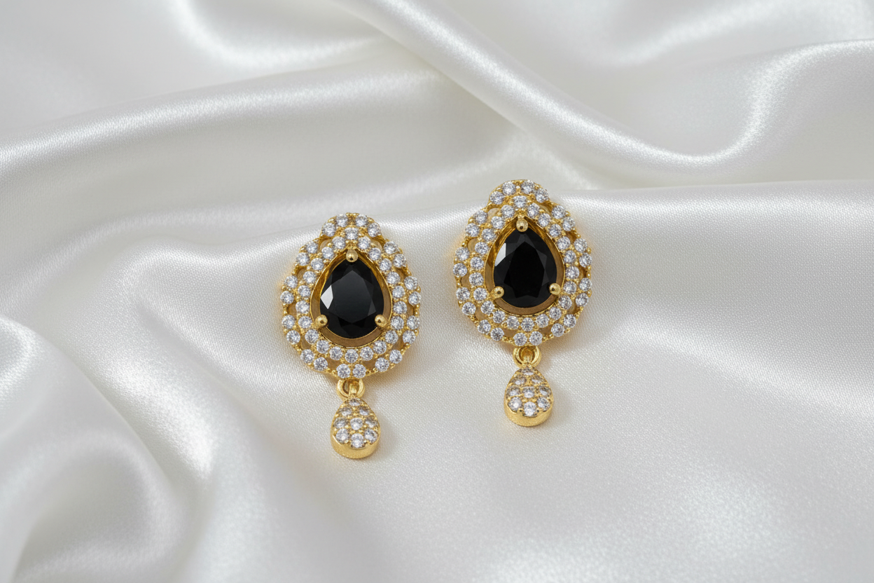 Ruby, Black & Red Teardrop CZ Drop Earrings | Gold Tone Designer Earrings