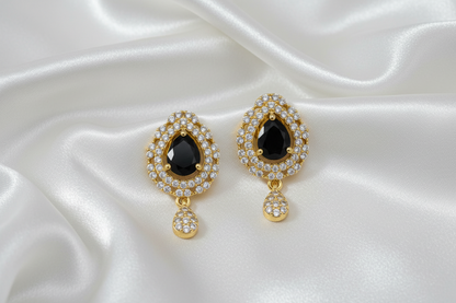 Ruby, Black & Red Teardrop CZ Drop Earrings | Gold Tone Designer Earrings