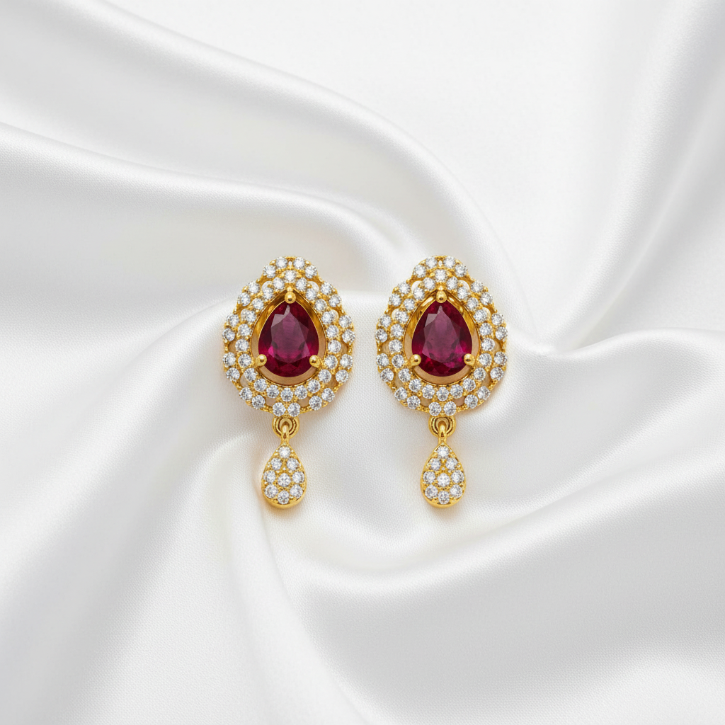 Ruby, Black & Red Teardrop CZ Drop Earrings | Gold Tone Designer Earrings