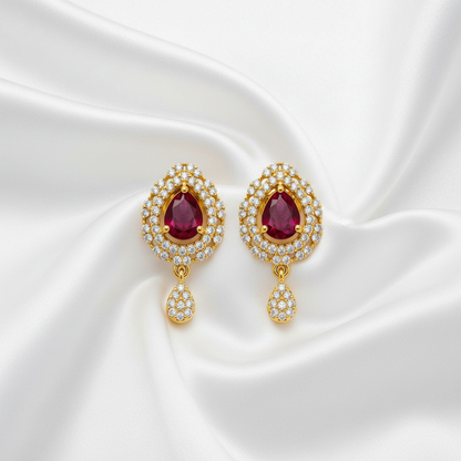 Ruby, Black & Red Teardrop CZ Drop Earrings | Gold Tone Designer Earrings