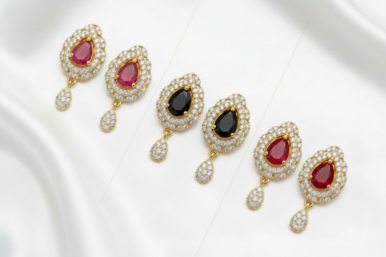 Ruby, Black & Red Teardrop CZ Drop Earrings | Gold Tone Designer Earrings