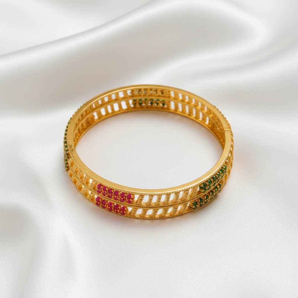 Antique Gold Plated Ruby & Emerald Designer Bangle Set – Traditional Indian Jewelry