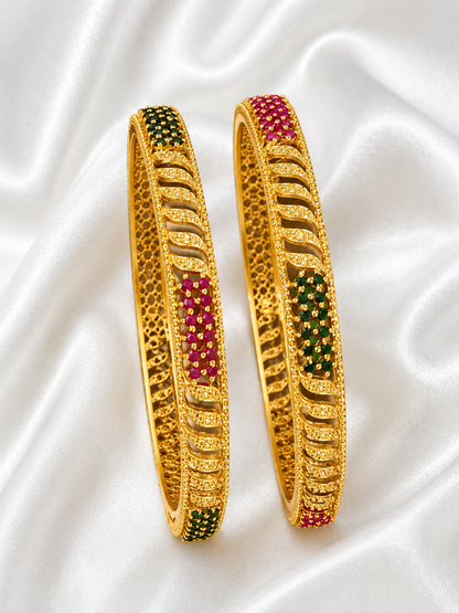 Antique Gold Plated Ruby & Emerald Designer Bangle Set – Traditional Indian Jewelry