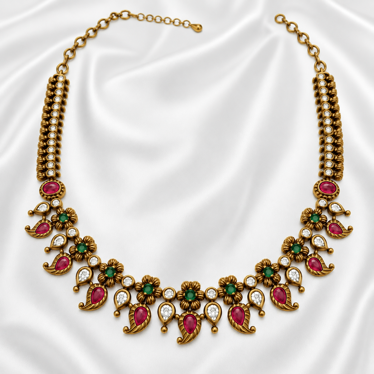 Antique Gold Necklace with Ruby & Emerald Stones – Traditional Floral Designer Jewellery