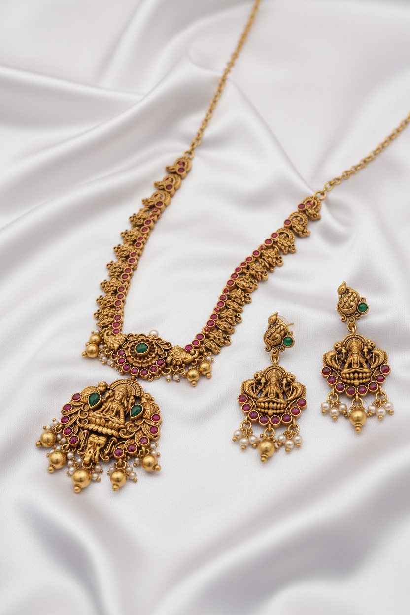 Matte Finish Goddess Lakshmi Temple Necklace Set with Earrings