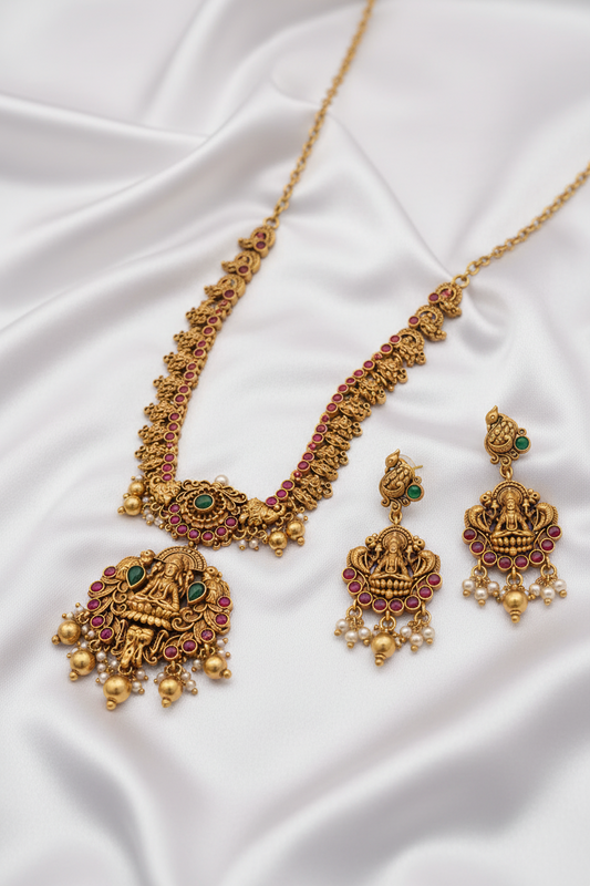 Matte Finish Goddess Lakshmi Temple Necklace Set with Earrings