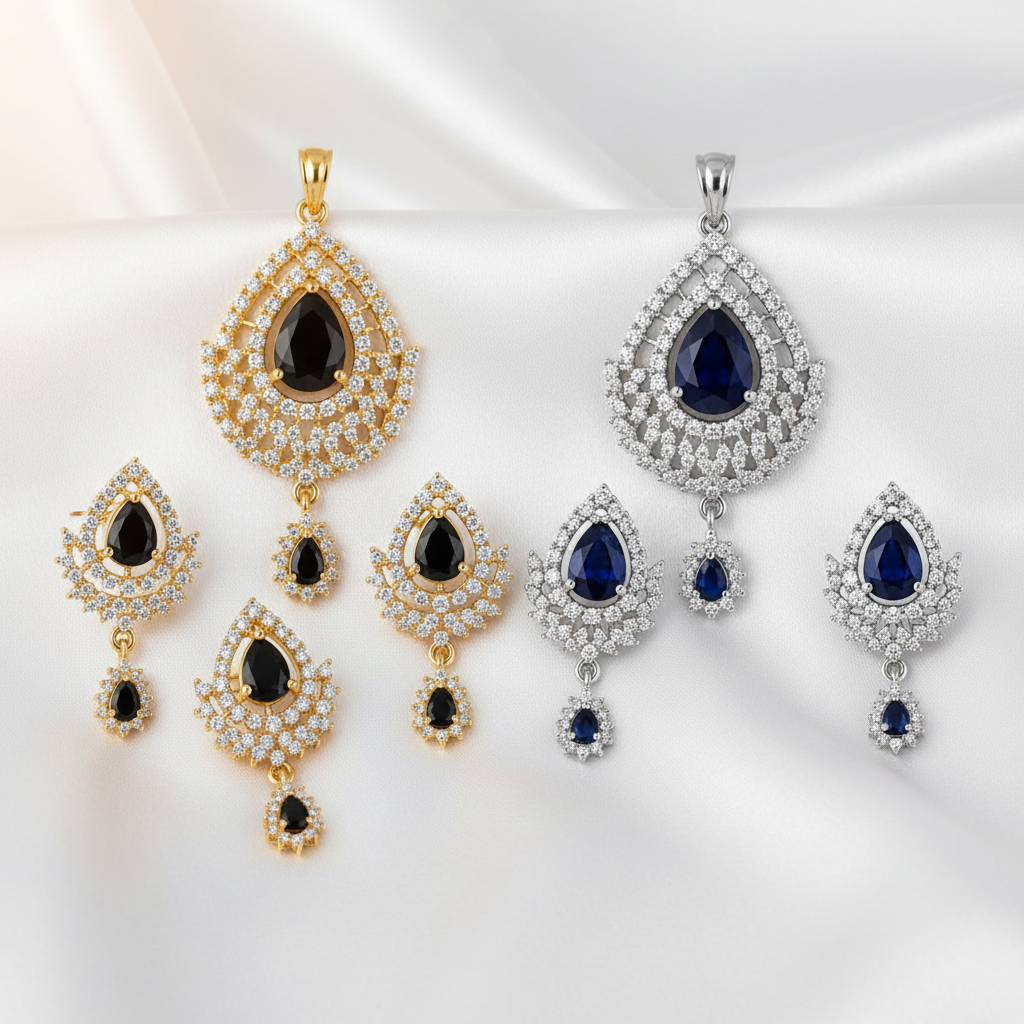 Black & Blue Teardrop Pendant & Drop Earrings Jewelry Set | CZ Stone Statement Set
