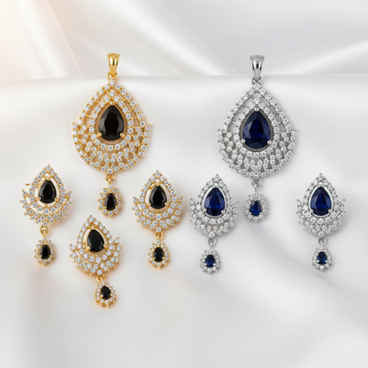 Black & Blue Teardrop Pendant & Drop Earrings Jewelry Set | CZ Stone Statement Set