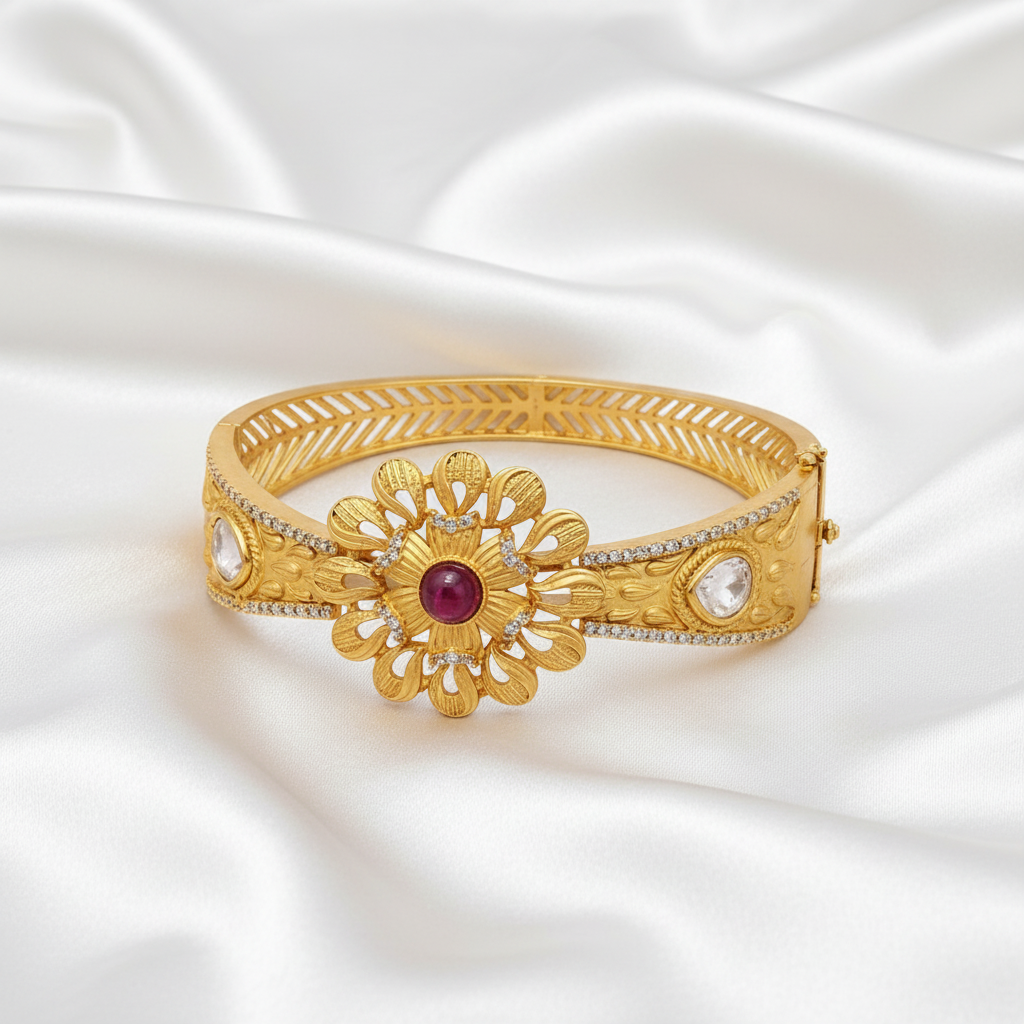 22K Gold Plated Antique Kada Bracelet  Gold Floral Statement Cuff Bracelet with Ruby & Crystal Accents