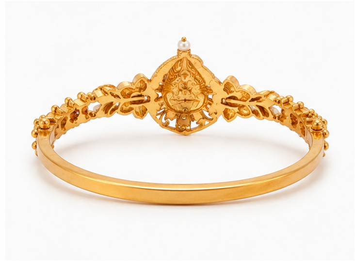 22K Antique Kada Bracelet Gold Plated Goddess Lakshmi Temple Bangle | Traditional Antique Finish Bracelet | Ruby & Green Stone Ethnic Jewelry