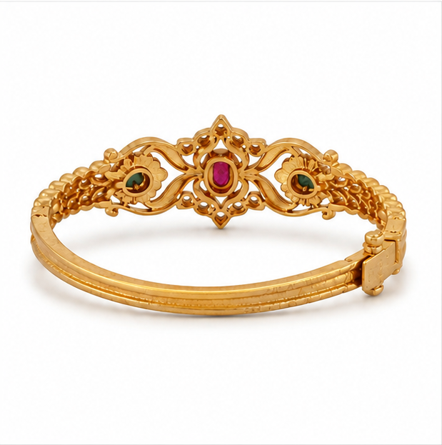 22K Gold Plated Antique Floral Kada Bracelet with Ruby, Emerald & CZ Stones
