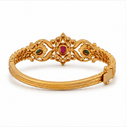 22K Gold Plated Antique Floral Kada Bracelet with Ruby, Emerald & CZ Stones