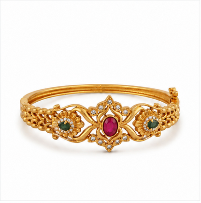 22K Gold Plated Antique Floral Kada Bracelet with Ruby, Emerald & CZ Stones
