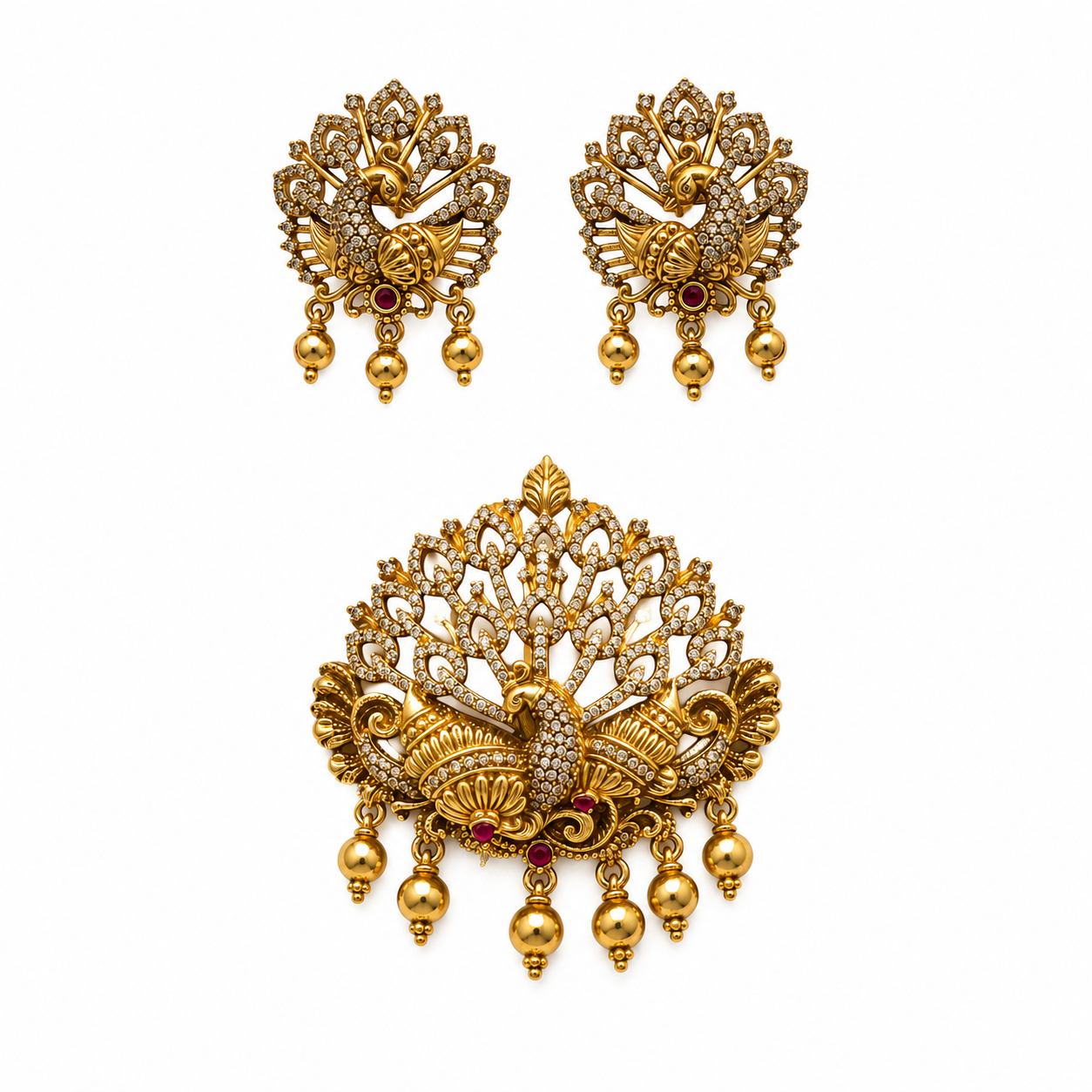 Pink Beaded Peacock Pendant Necklace Set with Earrings | Traditional Jewelry