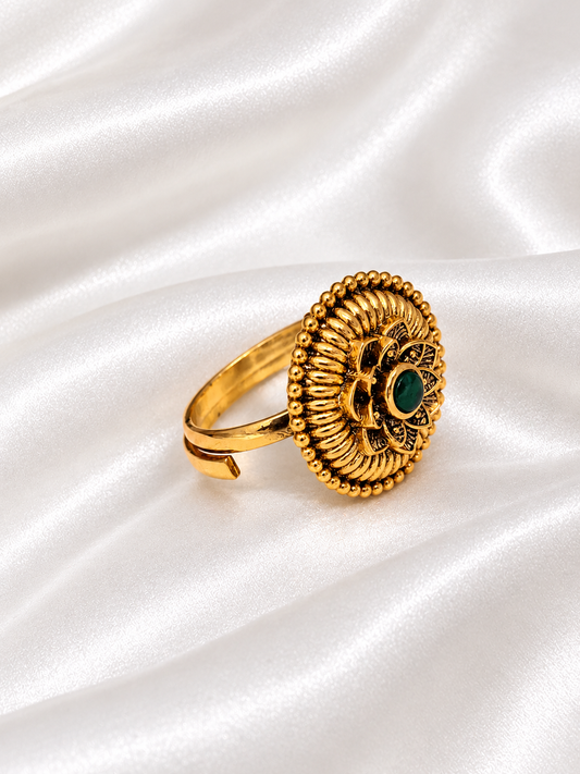 Gold-Plated Antique Finish Traditional Lotus Motif Statement Ring