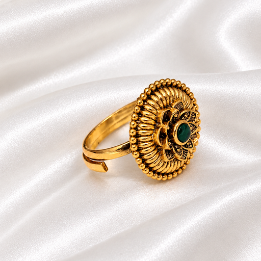 Gold-Plated Antique Finish Traditional Lotus Motif Statement Ring