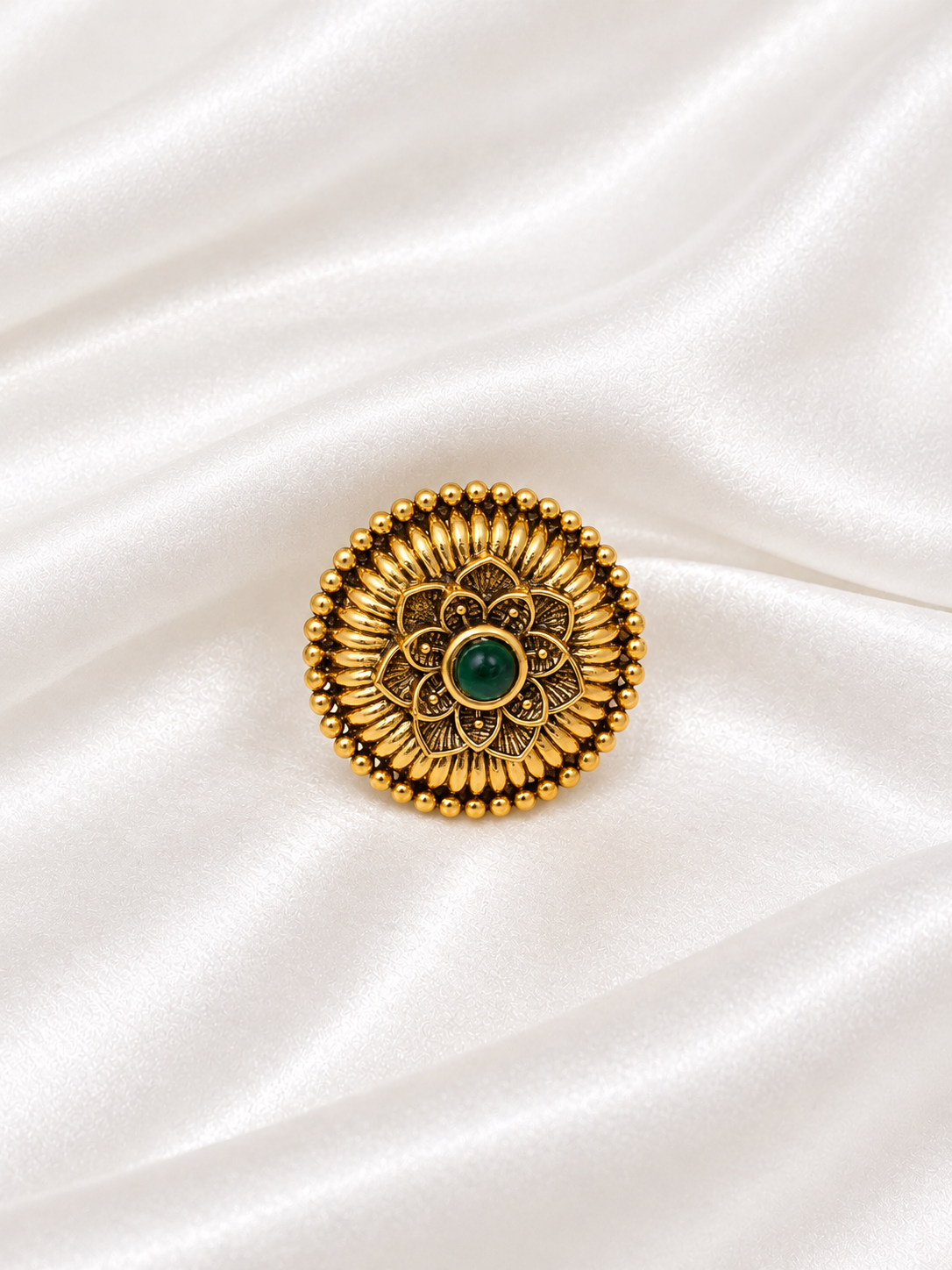 Gold-Plated Antique Finish Traditional Lotus Motif Statement Ring
