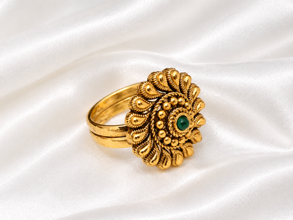 Gold-Plated Traditional Floral Statement Ring with Green Stone Accent
