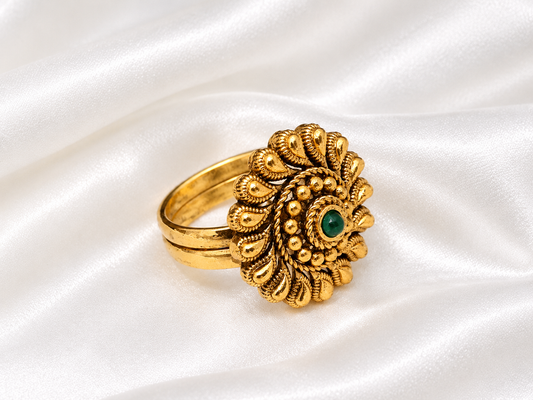 Gold-Plated Traditional Floral Statement Ring with Green Stone Accent
