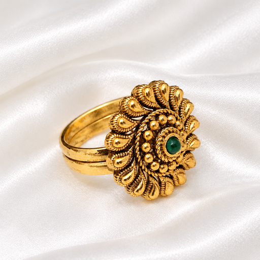 Gold-Plated Traditional Floral Statement Ring with Green Stone Accent