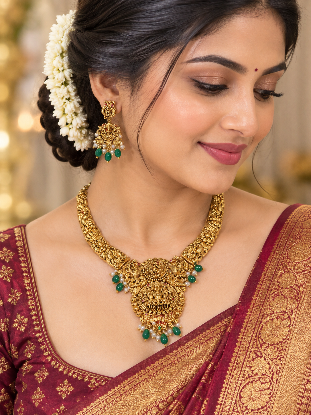 Matte Gold Lakshmi  Necklace & Earrings Set |Traditional Ethnic Choker Set