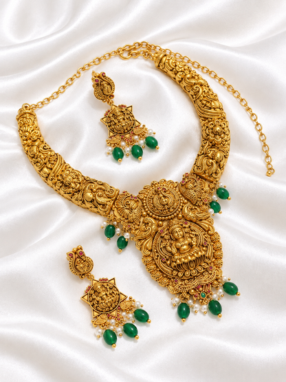 Matte Gold Lakshmi  Necklace & Earrings Set |Traditional Ethnic Choker Set