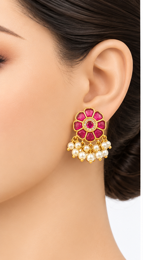 🌸 Pink Floral Indian Earrings with Pearl & Gold Bead Drops
