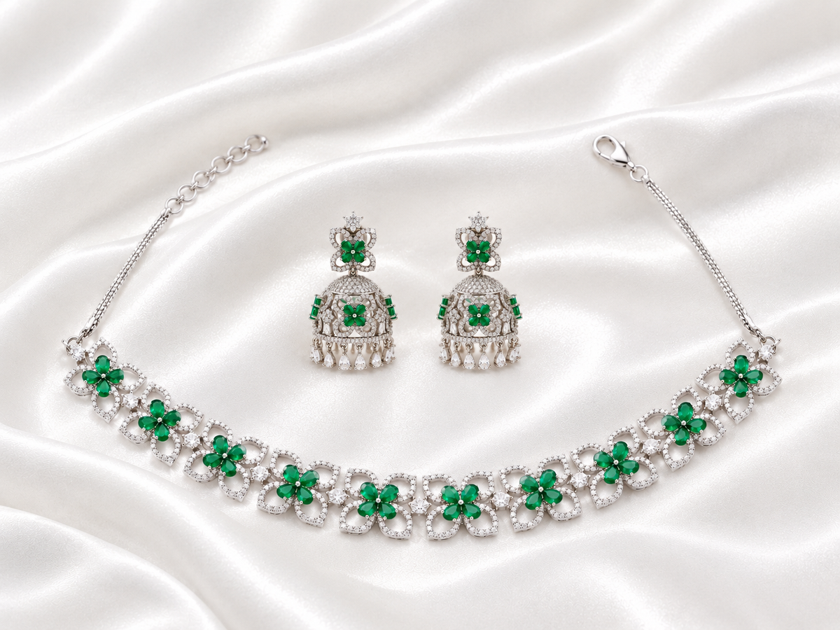 Elegant Emerald Floral Choker & Jhumka Earrings Set