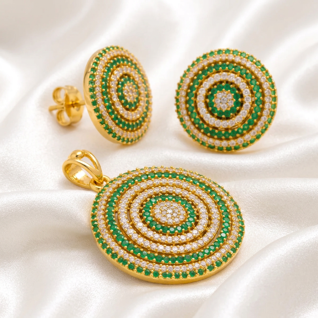 Elegant Emerald Green Stone Round Pendant and Earring Set | Dual-Tone Cubic Zirconia Statement Jewelry
