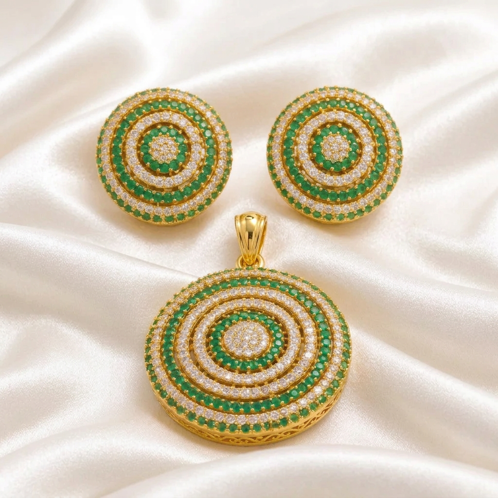 Elegant Emerald Green Stone Round Pendant and Earring Set | Dual-Tone Cubic Zirconia Statement Jewelry