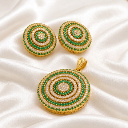 Elegant Emerald Green Stone Round Pendant and Earring Set | Dual-Tone Cubic Zirconia Statement Jewelry
